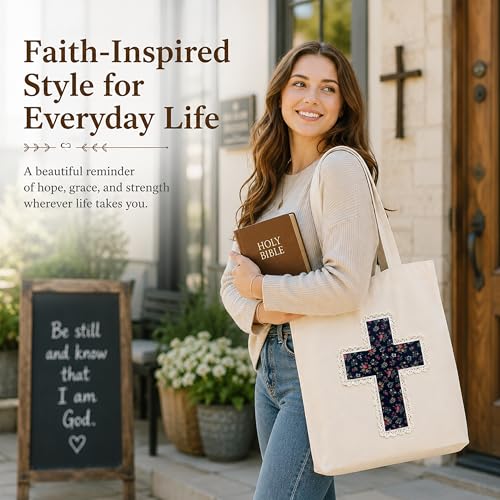 Christian Tote Bag Gift for Women, Canvas Bible Bag Handmade Floral Cross - color: Cream-ink Blue Vintage Floral