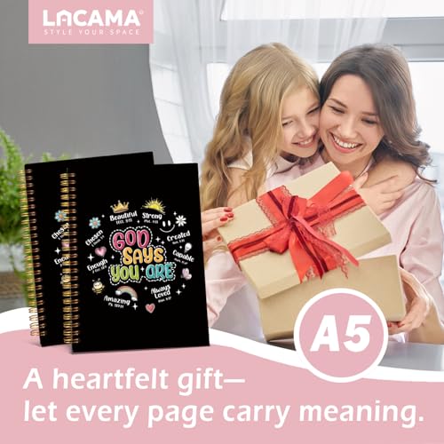 Lacama Bible Journal for Women, Christian Prayer Journal Black Notebook Gifts for Teen Girls Kids Women, Preppy Church Faith Journaling Hardcover Spiral Notebook 5.5x8.3 - color: God Says You Are-2-black