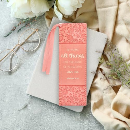 Christian Art Gifts Faux Leather Bookmark for Women: He Works All Things - color: Peach - All Things