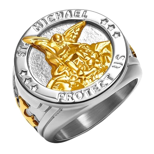 Saints Michael Ring for Men, 18K Gold Plated/Black Metal, St. Michael San Miguel The Great Protector Archangel Defeating Satan Figurine Stainless Steel Amulet Rings, Size 7-14, Send Gift Box - color: E-Silver&Gold Plated