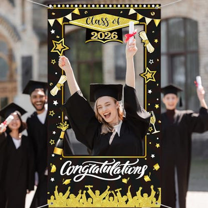 WovWeave Class of 2026 Graduation Photo Booth Props Frame 71x39 Inch - Black and Gold Graduation Decorations Backdrop Large Congratulations Banner for High School College Party Selfie Background - style: Black Gold Grad