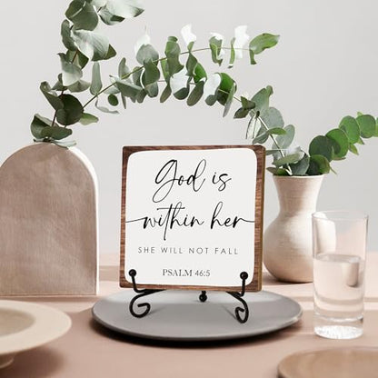 God Is Within Her She Will Not Fall Wooden Sign Decor, Psalm 46:5 Scripture Plaque, Rustic Wooden Plaque Sign With Iron Stand, Christian Home Office Restroom Desk Shelf Decorations - style: Christian