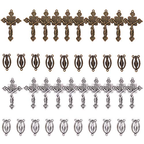 SUNNYCLUE 1 Box 40PCS Easter Holiday Tibetan Style Rosary Cross and Center Miraculous Medal with Alloy Cross Pendants and Oval Chandelier Links for Rosary Beads Necklace Making Mixed Color - color: 40pcs Vintage Style Cross Charms and Linking Charms
