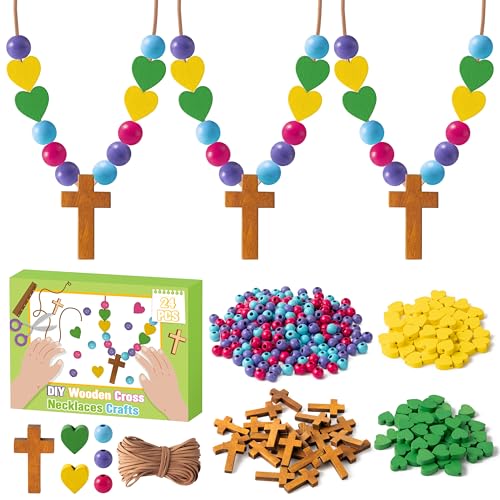 BeYumi Religious Cross Necklace Craft - 24Pcs Christian Wooden Cross Beads Necklace Craft Kit for Kids DIY Jewelry Gift Jesus Heart Decor VBS Week Sunday School Church Classroom Party Fun Activities - style: Easter