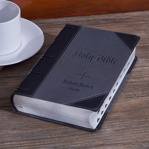 Personalized KJV Giant Print Bible King James Version Two-Tone Faux Leather Holy Bible with Custom Name Includes Up to 3 Rows of Text, Custom Gift for Christian & Religious Celebrations - color: Gray/Black | Index Tabs