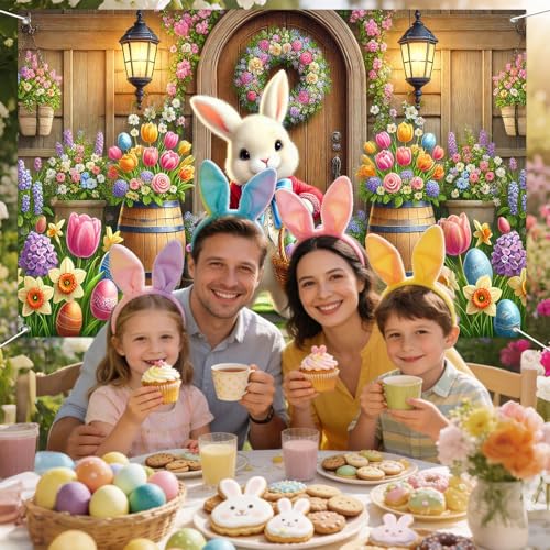 IVN Easter Bunny Banner 71x43 Inch Spring Egg Basket Flowers Front Door - color: Easter Bunny Front Door Spring Floral