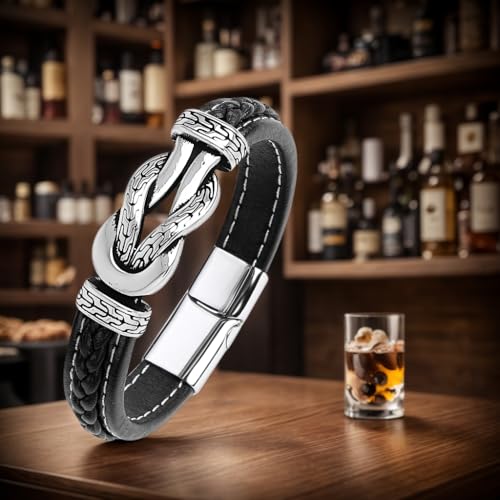 Men's Braided Leather Bracelet Wristband Cuff Bracelet for Men Gifts Stainless Steel Clasp - color: Black