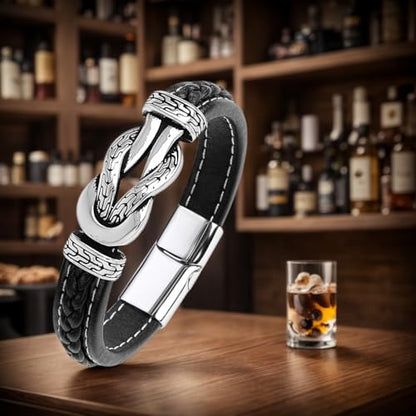 Men's Braided Leather Bracelet Wristband Cuff Bracelet for Men Gifts Stainless Steel Clasp - color: Black