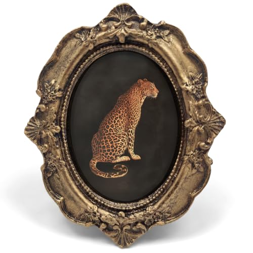 Vintage Cheetah Small Bronze Oval Picture Frame, Dark Leopard Mini Ornate Photo Frame Baroque for Wall Art Decor TableTop Desk,Preppy Retro Framed Artwork Gifts for Office Bedroom Girls 4x5in - color: cheetah