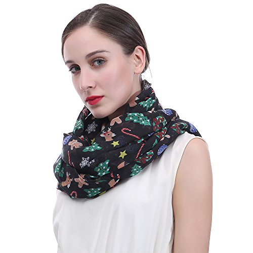 Lina & Lily Holiday Christmas Pattern Print Women's Infinity Scarf Lightweight - color: Black, Xmas Gingerbread Man Reindeer