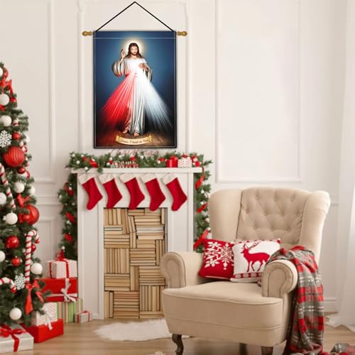 Divine Mercy Jesus Garden Flag Christian Sacred Heart of Jesus Amercian Flags for Outside 12x18 Double Sided Faith Over Fear Flag Outdoor House Yard Easter Decorations Religious Garden Flag