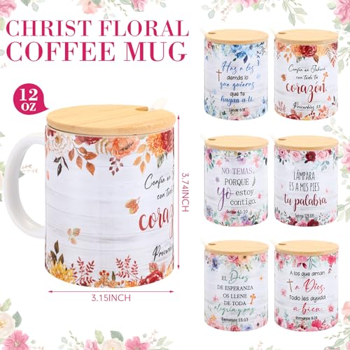 Remerry 6 Pcs Christian Women Bulk Gifts 12 oz Religious Coffee Mugs Cups Vintage Floral Ceramic Bible Verse Mugs with Lid Spoon for Sunday School Teachers Nurses Church Women Group Gifts(Spanish) - style: Spanish