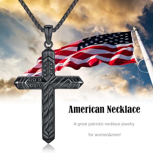 American Flag/Eagle/Star Necklace for Women 925 Sterling Silver Silver/Gold/Black American Flag Pendant 4th of July Jewelry for Wife Sister Girlfriend - color: Black-4