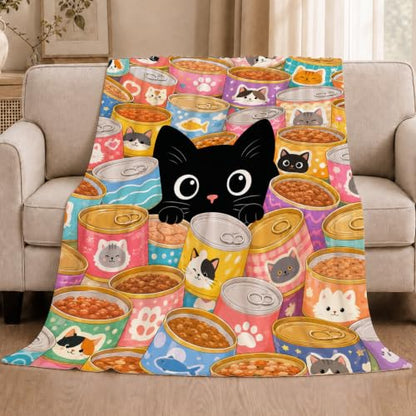 Black Cat Throw Blanket Food Can Kawaii Pet Lover Stuff Gifts 60''X80'' - color: Black Cat, size: 60''x80''