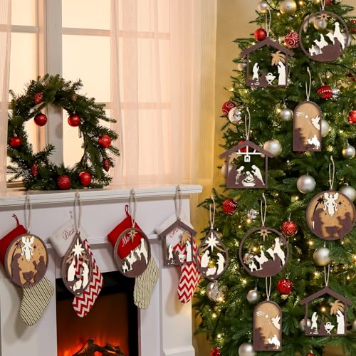 Bucherry 6 Pcs Wooden Christmas Nativity Scene Ornaments Bulk,Retro Style - style: Retro Style