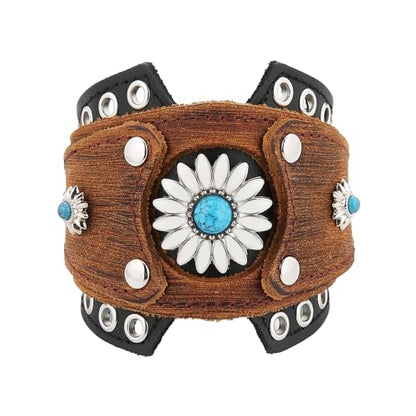 HZMAN Leather Bracelets Retro Men's Leather Cuff Bracelet Adjustable Wide Wristband Bracelet Jewelry Gift - color: Brown - Sunflower