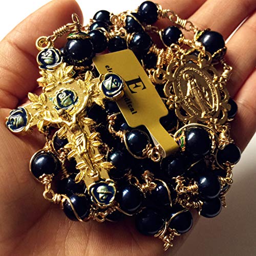 elegantmedical HANDMADE ROSARY Wire Wrapped AAA+ Black Real Pearl Bead Catholic Necklace jesus Cross Gift Box