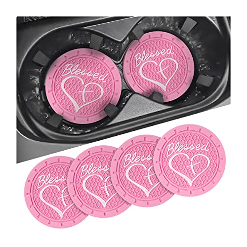 AICEL 4 Pack Car Cup Coasters, 2.75 Inch Soft PVC Car Cup Holder Insert Coaster, Blessed Cross and Heart Christian Anti Slip Shockproof Drink Mat, Universal Vehicle Interior Accessories (Pink) - color: Pink