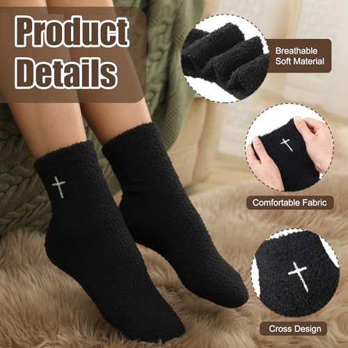 Cutecrop 5 Pairs Christian Gifts Socks Cross Print Fuzzy Socks Jesus Gifts Religious Fluffy Cozy Slipper Sock for Women Men - color: Black