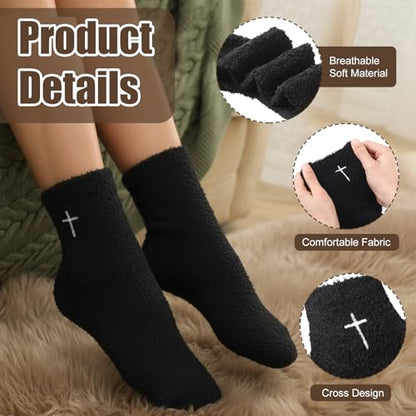 Cutecrop 5 Pairs Christian Gifts Socks Cross Print Fuzzy Socks Jesus Gifts Religious Fluffy Cozy Slipper Sock for Women Men - color: Black