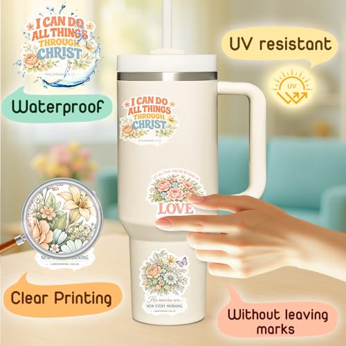 (3 Pcs) Christian Stickers - Waterproof Vinyl Christian Sticker Pack - color: Floral Bible Verse