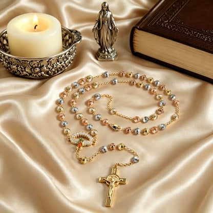 Catholic Rosary,Our Lady Of Guadalupe Centerpiece and Crucifix - color: Gold-01