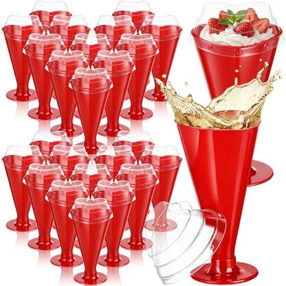 20 Pcs Valentine's Day Cups Heart Shaped Champagne Flutes with Lids 5.6 oz Dessert Cups Plastic Disposable Champagne Glasses for Parties, Bar, Events, Wedding Party Supplies (Red) - color: Red