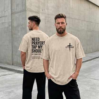 BINTEHGS Mens Christian T Shirts Need Prayer Tap My Shoulder Shirt Jesus Faith Oversized Graphic Tees God Acid Wash Tshirt - color: Apricot, size: XX-Large