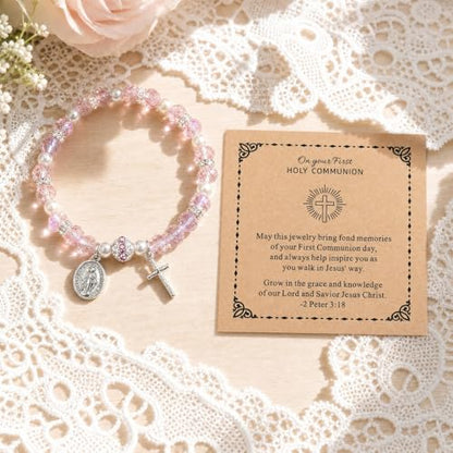 Women Stretch Rosary Bracelet Beaded Crucifix & Miraculous Medal - color: HOLY2