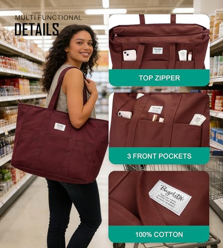 Bagelite Extra Large Canvas Tote Bag for Women Men, Utility Work Bags with Zipper - color: Red Wine
