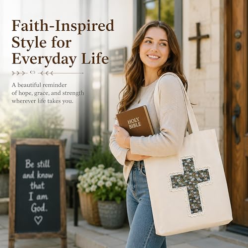 Christian Tote Bag Gift for Women, Canvas Bible Bag Handmade Floral Cross - color: Cream-brown Daisies
