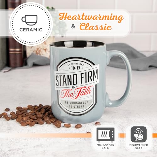 Christian Art Gifts Large Ceramic Inspirational Scripture Coffee & Tea Mug for Men & Women: Stand Firm Encouraging Bible Verse, Microwave & Dishwasher Safe Non-toxic Hot/Cold Cup, Gray & Black, 14 oz. - color: Gray/Stand Firm