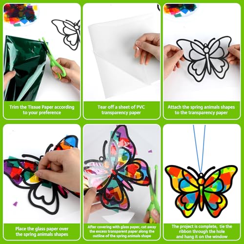 Lonfliness 32 Sets Spring Bug Suncatchers Craft Kit DIY Insect Window Stained Glass Effect Paper Butterfly Bee Home School Classroom Decoration Summer Art Creative Activity Project Gift Favor - style: Insect