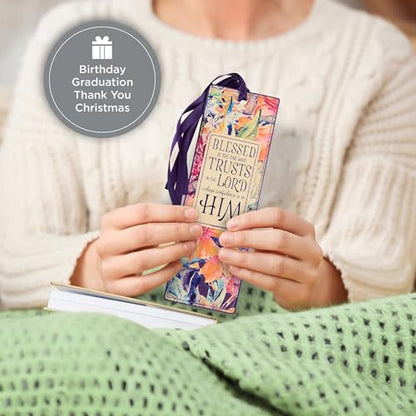 Christian Art Gifts Faux Leather Floral Bookmark: Blessed is The One - color: Purple - Blessed/Trust Lord