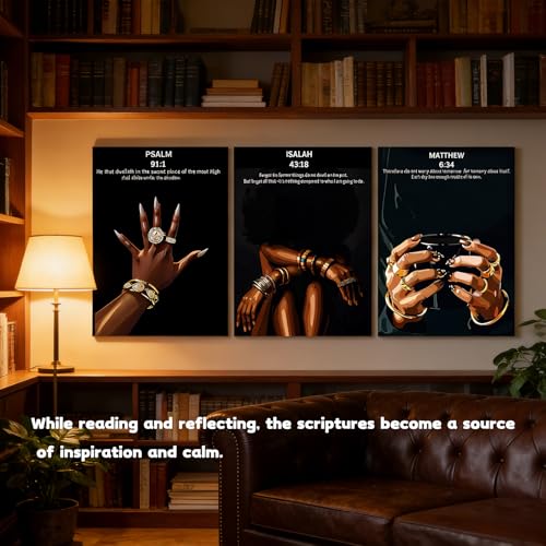 RKYKISS Set of 3 Black Christian Girl Canvas Wall Art, Bible Verse Scripture Picture Prints, Faith Inspirational Painting Poster, Frameless 16x24 Inches - color: Bible Frameless, size: 16"L x 24"W