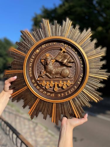 Agnus Dei Christian Oak Wood Wall Art, Handcrafted Scripture Wall Art, Handmade Religious Easter Decor Lamb of God & Good Shepherd Wooden Icon (Ancient dark with gold, 12x12 inches) - color: Ancient dark with gold