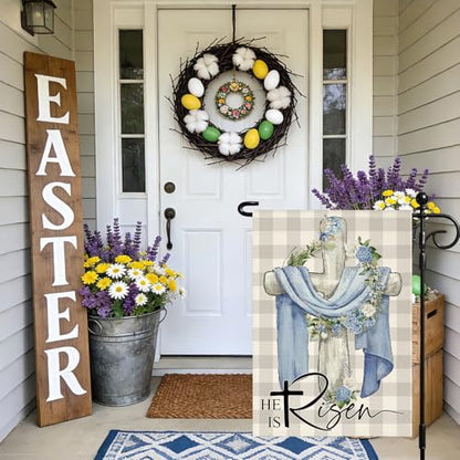 Artscope He Is Risen Easter Garden Flag 12x18 Inch Double Sided for Outside, Christian Cross Wreath Sign Garden Flag for Holiday Yard Outdoor Decoration