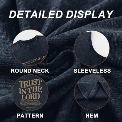 Mens Christian Tank Tops Trust in The Lord God Jesus Religious Faith Bible Verse Shirts Graphic Acid Wash Gym Tees - color: Denim Blue, size: Small