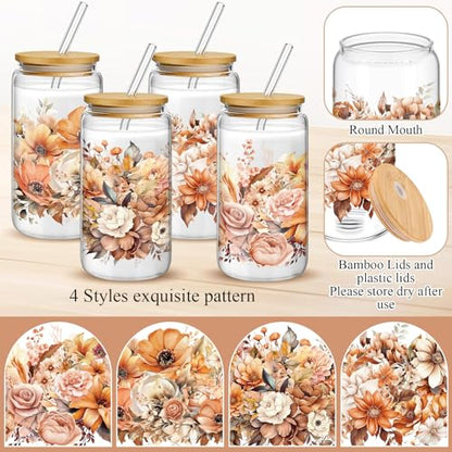 Mumufy 4 Pack Fall Flower Glass Cup, 16 oz Tumbler Mug with Bamboo Lid - style: Fall Flower