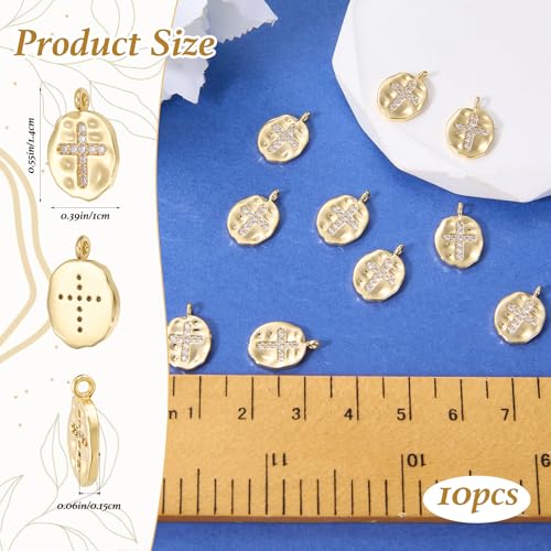 10Pcs Cross Charms for Jewelry Making Flat Irregular Religious Christianity Crystal 18K Gold Plated Charms Brass Cubic Zirconia Pendants for Earring Bracelet Necklace DIY Supplies