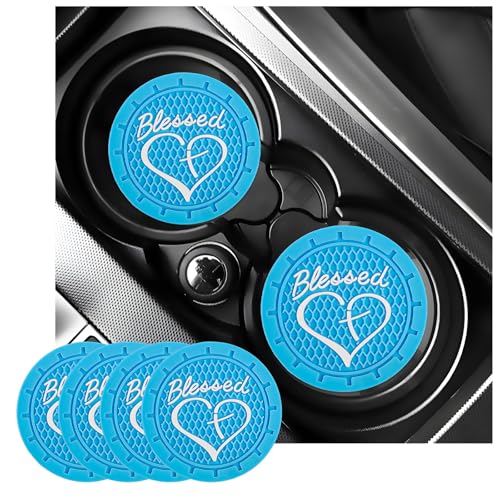 KVAEY 2 PCS Car Cup Holder Coasters, 2.76 Inch Anti Slip Vehicle Drink Mats with Cute Blessed Cross and Heart, Shockproof, Universal Car Accessories (Sky Blue, 4 PCS) - color: Sky Blue, size: 4 PCS