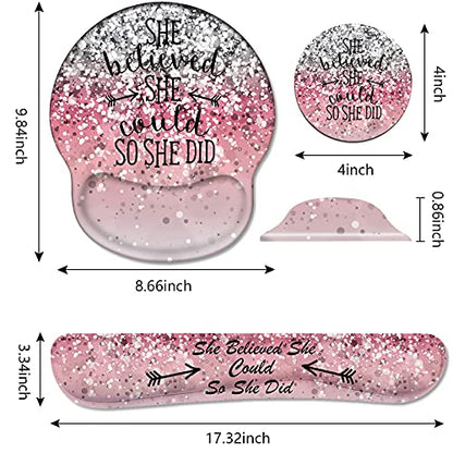 Keyboard Wrist Rest and Mouse Pad Wrist Support Set with Coasters, She Believed She Could So She Did Inspirational Quote Wrist Mouse Pad with Non-Slip PU Base for Computer Laptop Home Office - color: She Believed She Could So She Did Inspirational Quote