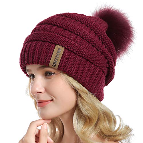 Winter Women Thick Cable Knit Ribbed Infinity Circle Loop Scarf - color: 22- Burgundy Beanie and Scarf Set