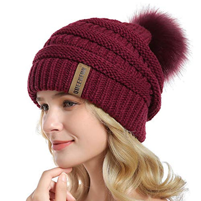 Winter Women Thick Cable Knit Ribbed Infinity Circle Loop Scarf - color: 22- Burgundy Beanie and Scarf Set