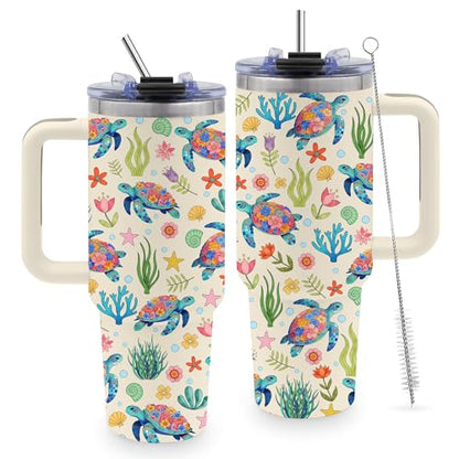 40oz Sea Turtle Tumbler Gifts for Turtle Lover, Cute Ocean Animal Water Bottle - color: SeaTurtle-White