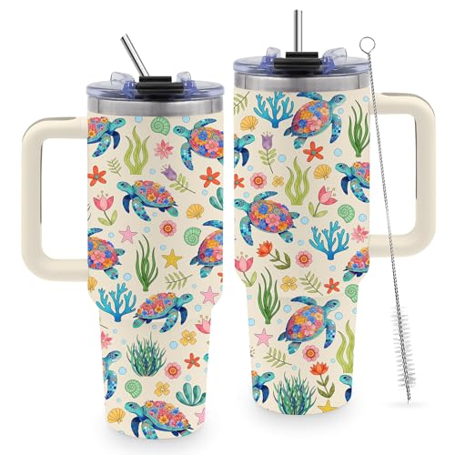 40oz Sea Turtle Tumbler Gifts for Turtle Lover, Cute Ocean Animal Water Bottle - color: SeaTurtle-White