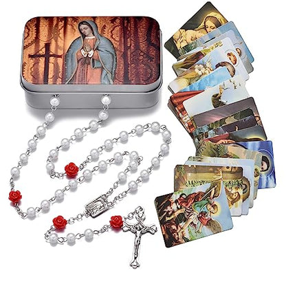 SZQCZB Rosary Beads Catholic Necklace Holy Soil Medal Cross Crucifix with Metal Box and 18pcs Prayer Cards - color: White