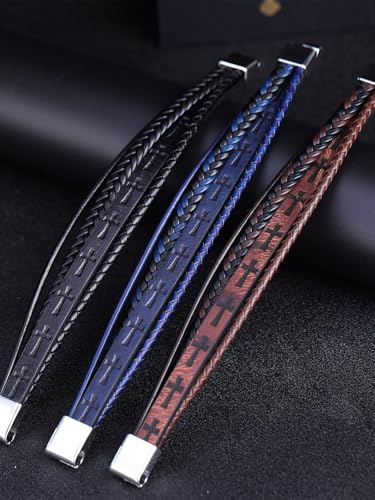Mens Leather Cross Bracelet Multilayer Braided Wristband Bangle Bracelets with Stainless Steel Buckle Religious Gift for Men Brown/Black/Blue–8.3 inch - color: Brown-1, size: 8.3in(Fits most wrists)