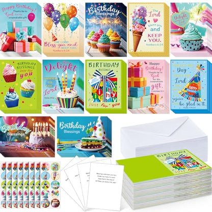 Motiskyy 120 Pack Religious Christian Birthday Cards Bulk with Scripture Bible Verse 4.5 x 6.2 Inch Assorted Christian Blessings Greeting Cards for Birthday with Envelopes and Stickers (Bright Style) - style: Bright Style