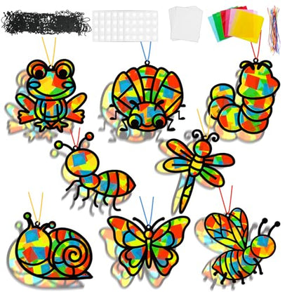 Lonfliness 32 Sets Spring Bug Suncatchers Craft Kit DIY Insect Window Stained Glass Effect Paper Butterfly Bee Home School Classroom Decoration Summer Art Creative Activity Project Gift Favor - style: Insect